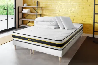 Pack lit complet 160x200 cm - Matelas + 2 Sommiers Blancs + 2 oreillers + Couette - Flexy