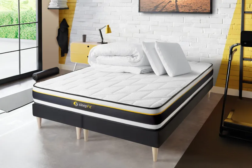 Pack lit complet 180x200 cm - Matelas + 2 Sommiers noirs + 2 oreillers + Couette - Soft