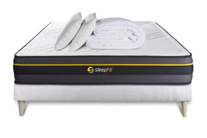 Pack lit complet 140x190 cm - Matelas + Sommier Blanc (en kit) + 2 oreillers + Couette - Active