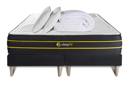 Pack lit complet 160x200 cm - Matelas + 2 Sommiers noirs + 2 oreillers + Couette - Ultra