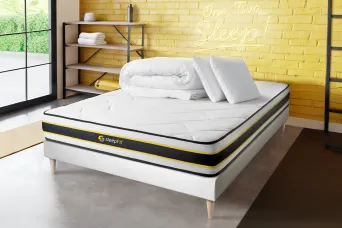 Pack lit complet 160x200 cm - Matelas + Sommier Blanc + 2 oreillers + Couette - Flexy