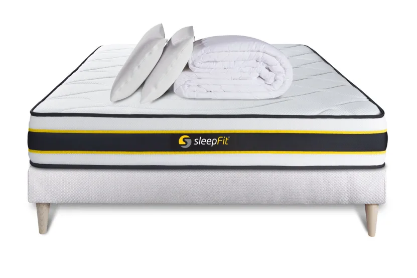 Pack lit complet 200x200 cm - Matelas + Sommier Blanc (en kit) + 2 oreillers + Couette - Flexy