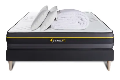 Pack lit complet 160x200 cm - Matelas + Sommier Noir (en kit) + 2 oreillers + Couette - Active