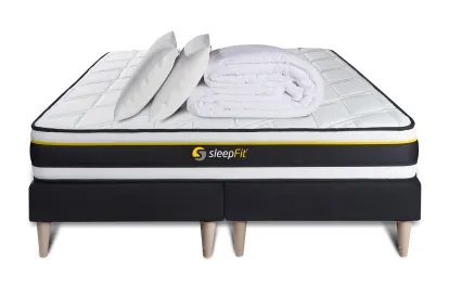 Pack lit complet 160x200 cm - Matelas + 2 Sommiers noirs + 2 oreillers + Couette - Soft
