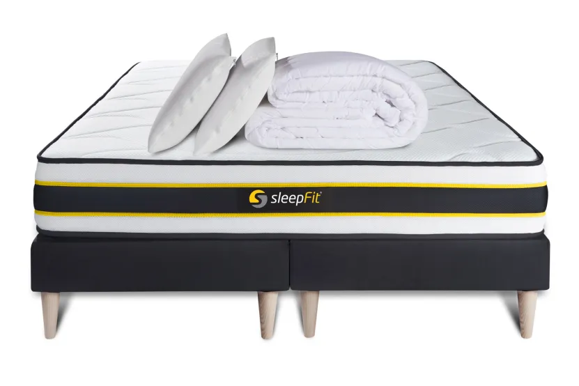 Pack lit complet 200x200 cm - Matelas + 2 Sommiers noirs + 2 oreillers + Couette - Flexy