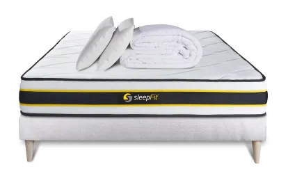 Pack lit complet 160x200 cm - Matelas + Sommier Blanc + 2 oreillers + Couette - Flexy